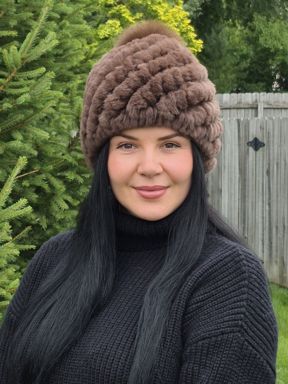 Brown Real Fur Women's Winter Hat With Small Fox Fur Pompom